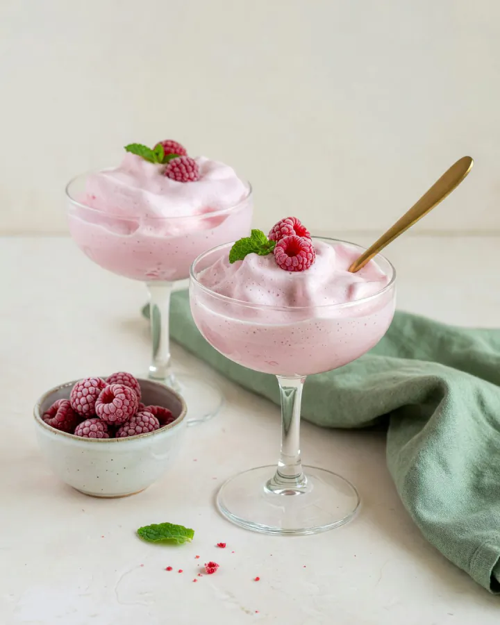 Dos copas de espuma de frambuesa con frambuesas frescas encima.
