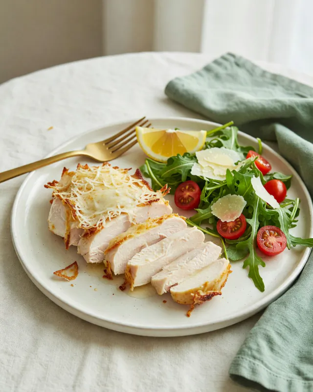Pollo con costra de parmesano en láminas, con rúcula y tomates cherry.