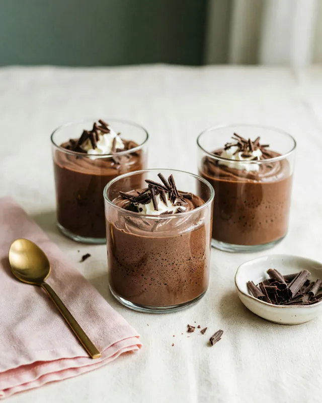Tres vasos de mousse de chocolate amargo con virutas de chocolate.