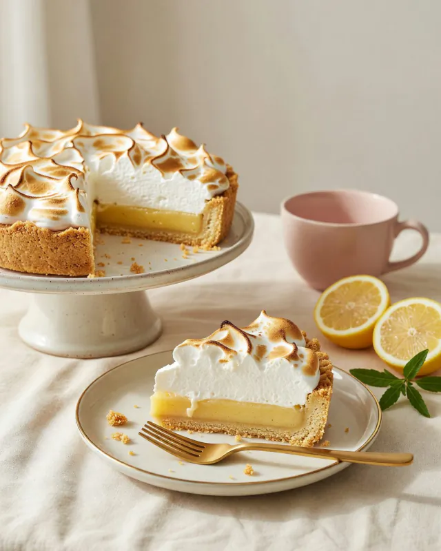 Pie de limón con merengue tostado y un trozo servido en un plato.