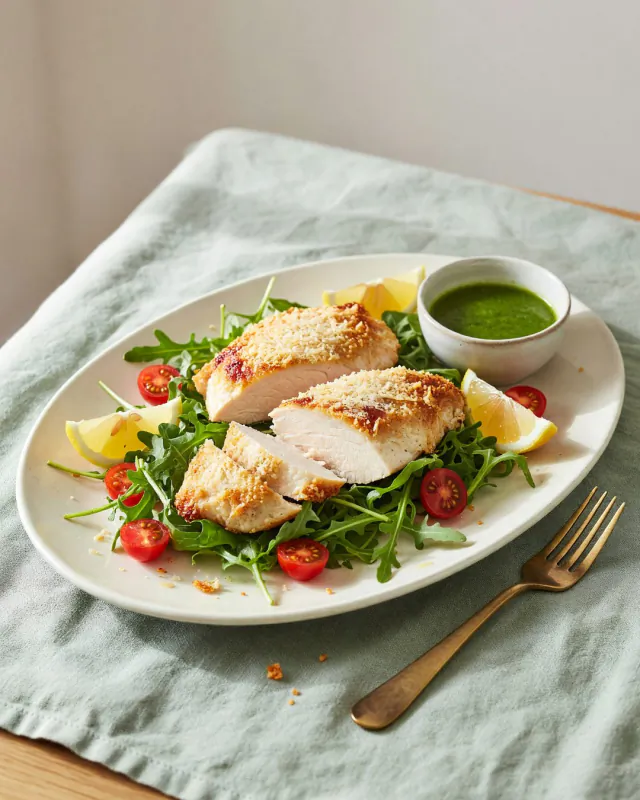 Pollo con costra de parmesano sobre rúcula y tomates cherry, con salsa verde.