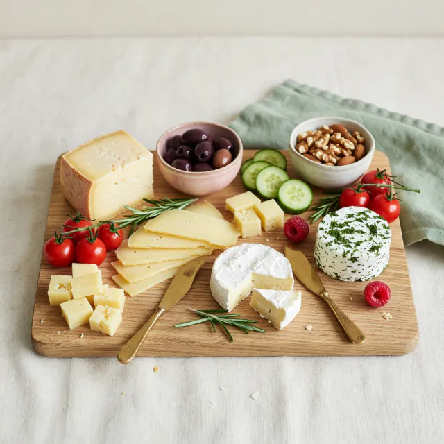 Tabla de quesos con nueces, aceitunas, pepino y tomates cherry.